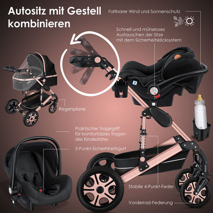 KESSER® Loops 3 in 1 Kinderwagen Kombikinderwagen Komplett-Set inkl. Babywanne & Buggy Sportsitz & Auto-Babyschale Voll-Gummireifen Wickeltasche Regenschutz Kindertisch ECE R129, Schwarz/Champagne - Meloni2