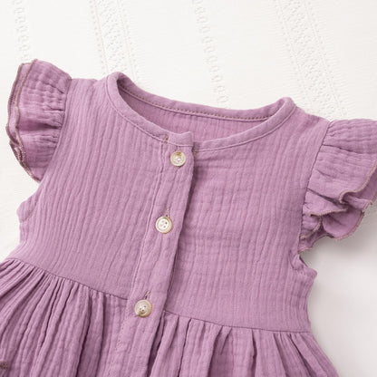 Kleinkinder Mädchen Sommerkleid Rüschenärmel Rundhalsausschnitt Knopfleiste Kleid lässiges Herbst A-Linien Party Kinderkleider 2-6 Jahre