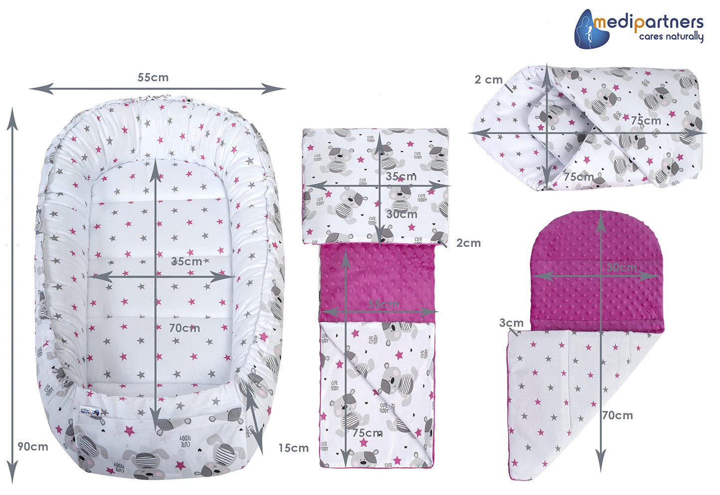 Medi Partners Babynestchen Babynest Set 100x60x15 Kuschelnest 5 teilig herausnehmbarer Einsatz Kokon Nestchen Babys Neugeborene 100% Baumwolle (REH mit Grauem Minky)