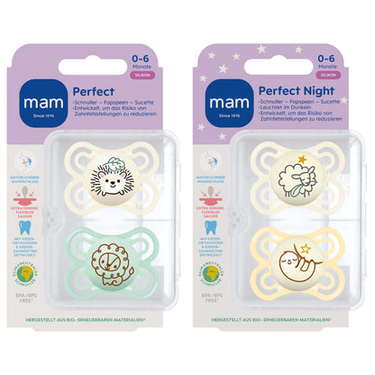 MAM Perfect Day & Night Schnuller | 0-6 Monate | Babyschnuller für Neugeborene | 94% Akzeptanz | beugt Zahnfehlstellungen vor | mit Zahnmedizinern entwickelt| SkinSoft Silikon |Igel/Schaf | 4 Stück