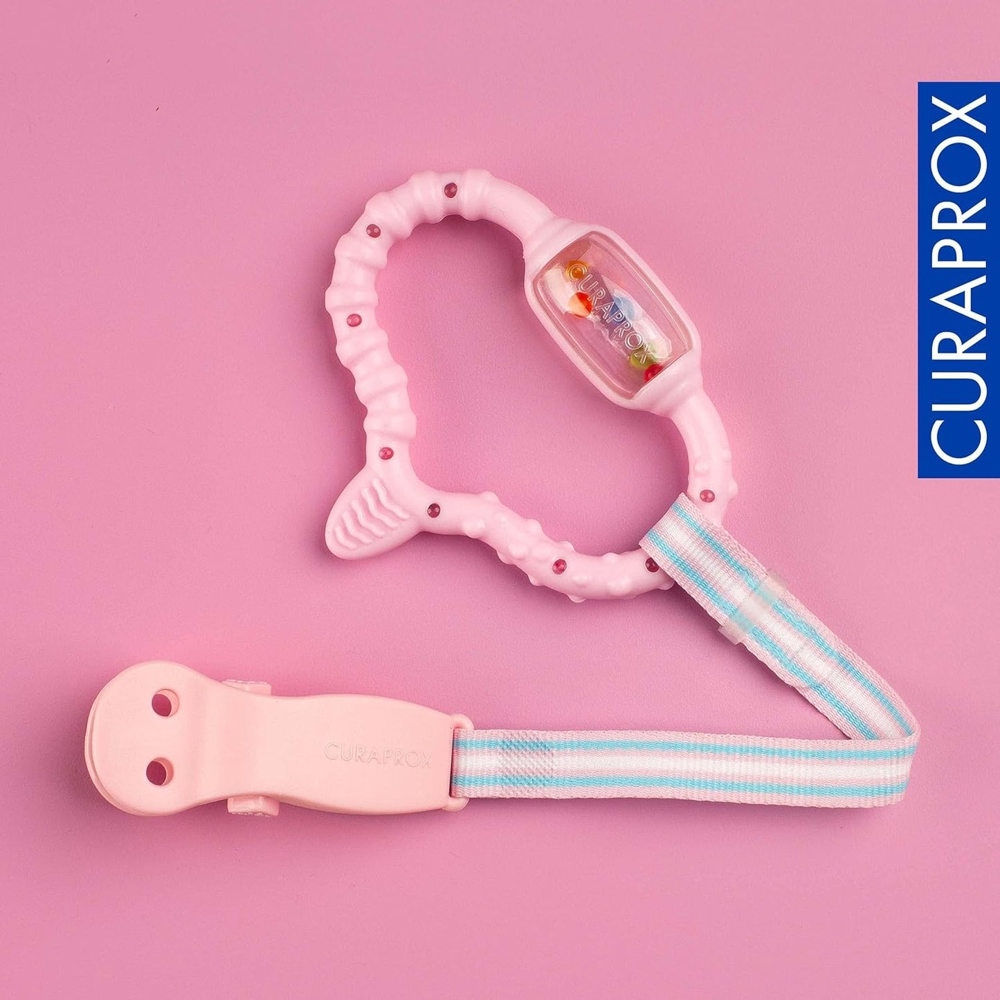 CURAPROX Baby Teether Pink Baby Teether with Rattle Baby Teether with Learning Toothbrush, Teether for Babies for Teething BPA-Free, Pink, 1 Piece