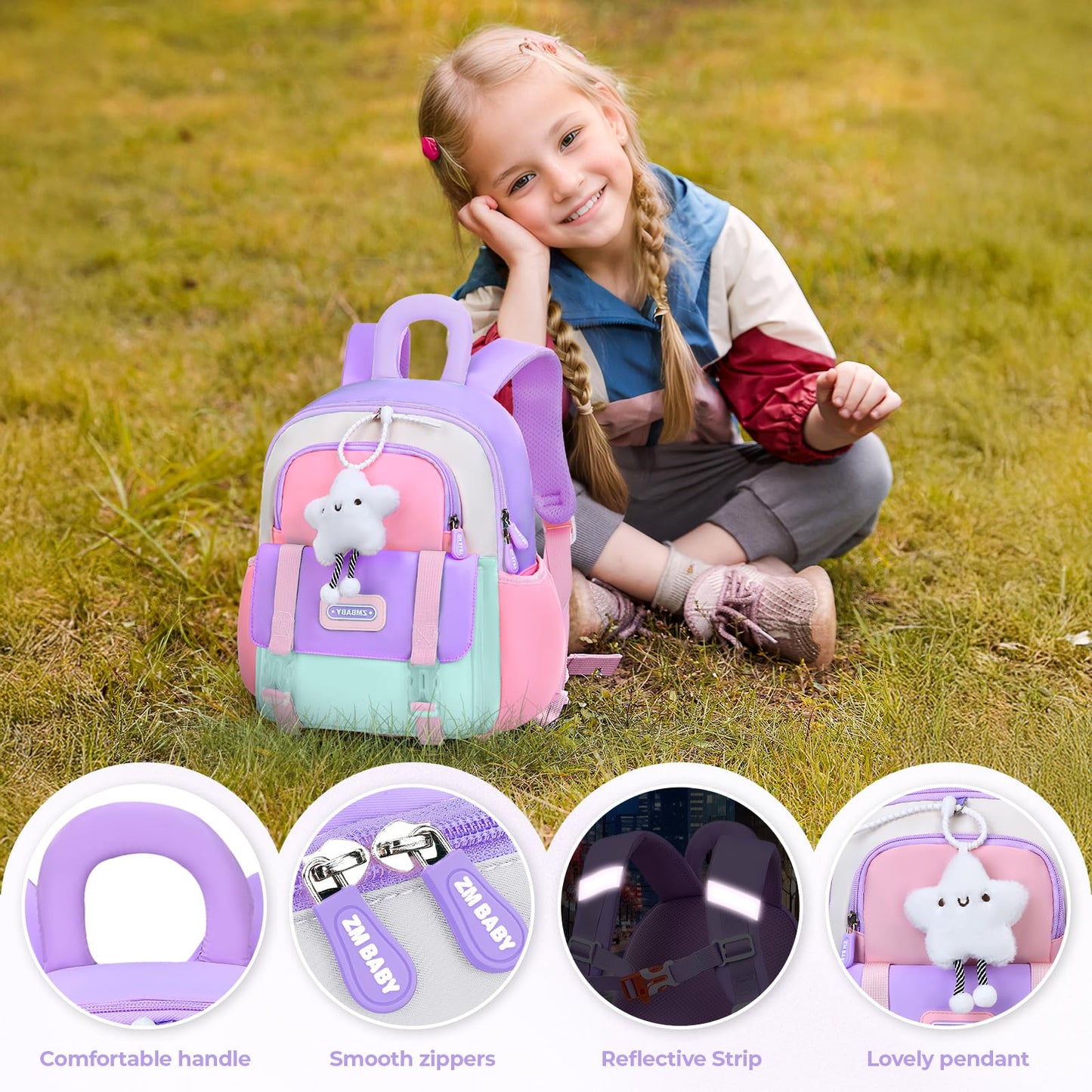 Tanou Backpack Nursery for Girls, Ultra Light Nursery Backpack Girls, Cute Nursery Backpack with Chest Strap for Preschool Nursery, purple, childish