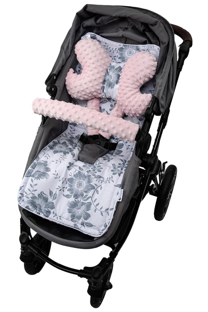 Sitzauflage Kinderwagen Buggy Baby Sommer Kindersitz Einlage Universal - 5tgl Gurtpolster + Spielbogen Kinderwagenset Babyschale (Safari mit beige Minky)