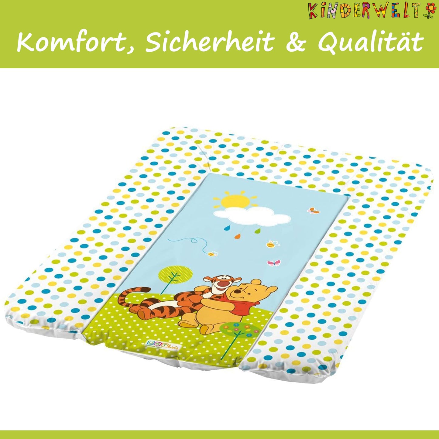 KiNDERWELT Premium Wickelauflage, wasserdichte Wickelunterlage mit Hippo, 50x70 cm, abwaschbare Wickeltischauflage in Weiß, leicht zu tragen, erhöhter Liegekomfort