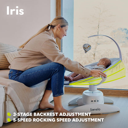 LIONELO Iris Electric Baby Rocker 360° Rotatable for Babies up to 9 kg Adjustable Backrest, 5 Weighing Speeds, Non-Slip Safety Belt, 12 Melodies Hanger with Toy Remote Control