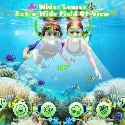 SkrekuiMa Taucherbrille Kinder | Schwimmbrille Kinder Schnorchelmaske Anti-Fog Anti-Leck | Tauchmaske Kinder 180°Panorama HD Tempered Glas für Kinder 4-12 Jahre Jungen Mädchen