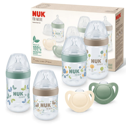 NUK for Nature Perfect Start Set Babyflasche und Schnuller 0−6 Monate 100 % natürliche Rohstoffe 4 x Flaschen (150 ml + 260 ml) 2 x Schnuller aus Silikon BPA-frei 6 Stück
