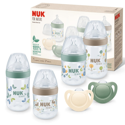 NUK for Nature Perfect Start Set Babyflasche und Schnuller 0−6 Monate 100 % natürliche Rohstoffe 4 x Flaschen (150 ml + 260 ml) 2 x Schnuller aus Silikon BPA-frei 6 Stück