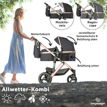 Bergsteiger Nizza 3 in 1 Kinderwagen, Kombikinderwagen Komplettset, Auto-Babyschale & Isofix Station, Babywanne & Buggy Sportsitz inklusive