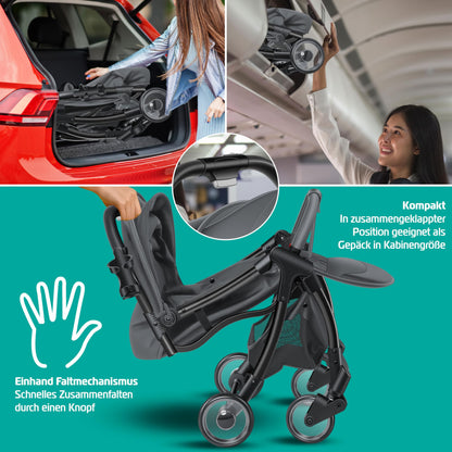 KIDIZ® Folding Pushchair, Sports Pram, 360° Wheels, 5-Point Harness, incl. Drinks Holder, Rain Cover, Adjustable Backrest and Sun Canopy, Red