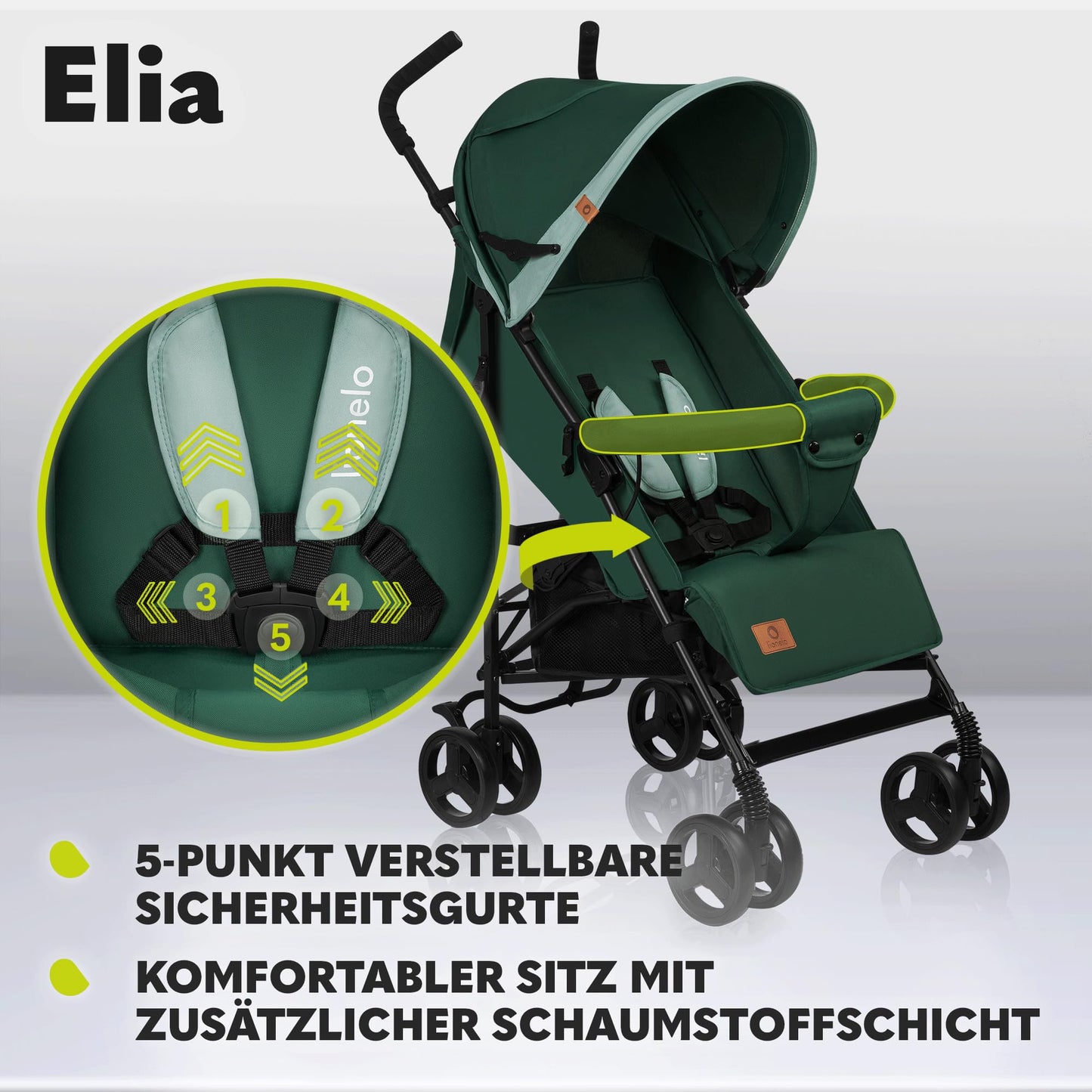 LIONELO Elia Buggy Small Foldable Pushchair up to 15 kg, Back and Footrest Adjustment, Rear Wheel Brake, Mosquito Net, Shopping Basket - Meloni2