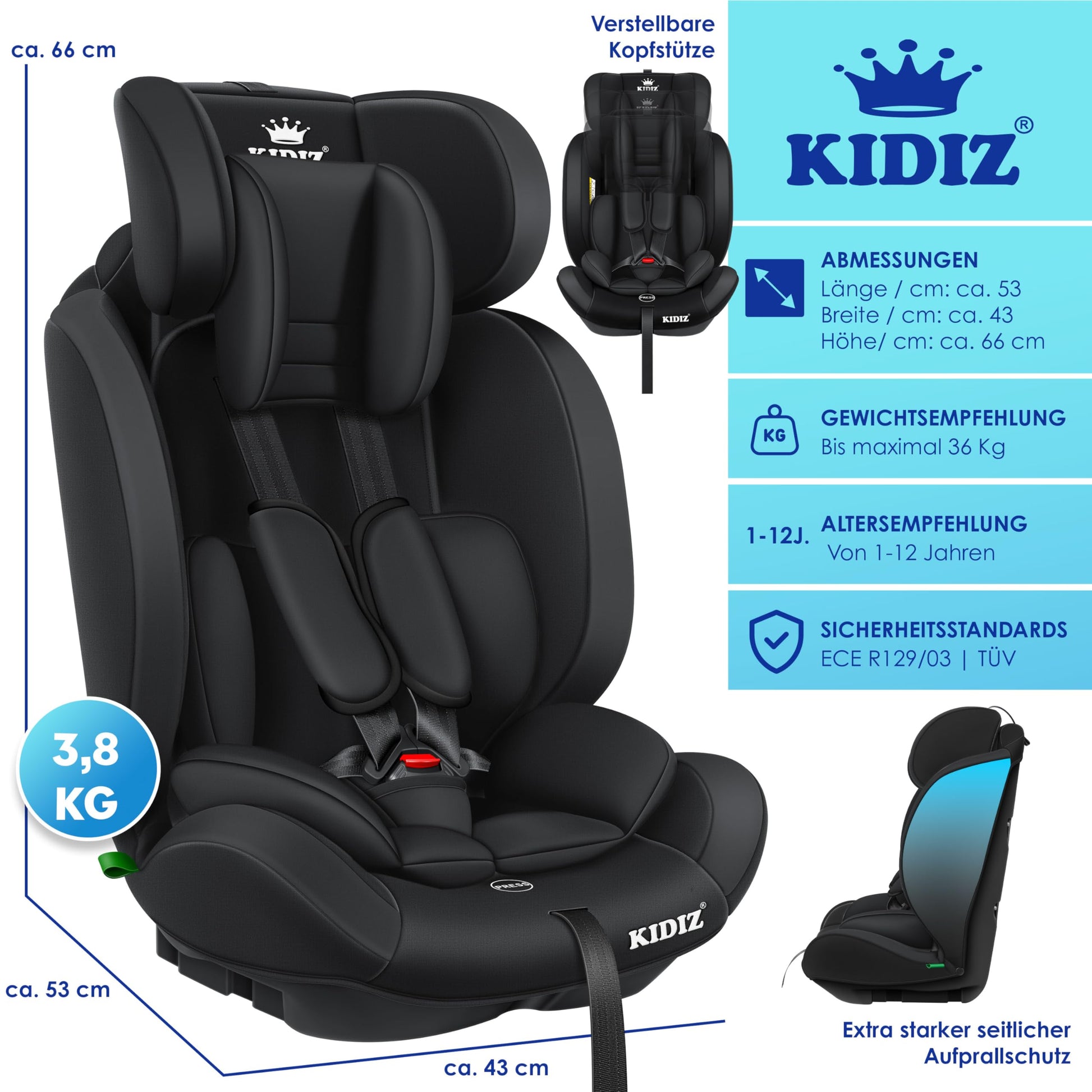 KIDIZ® Autokindersitz Kinderautositz Gruppe 1+2+3 9-36 kg 5-Punkt-Sicherheitsgurt, Autositz, Kindersitz, Einstellbare Kopfstütze, Mitwachsende Sitzerhöhung 1-12 Jahre, Stabil und Sicher - Meloni2