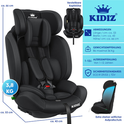 KIDIZ® Autokindersitz Kinderautositz Gruppe 1+2+3 9-36 kg 5-Punkt-Sicherheitsgurt, Autositz, Kindersitz, Einstellbare Kopfstütze, Mitwachsende Sitzerhöhung 1-12 Jahre, Stabil und Sicher - Meloni2