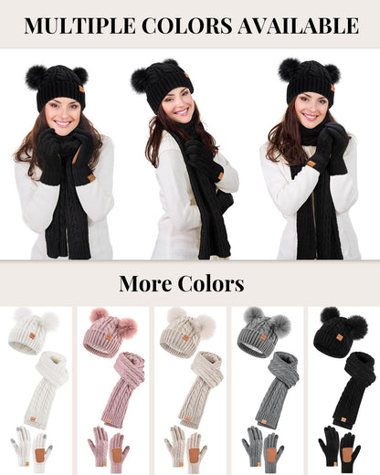 Winuesa Mütze, Schal & Handschuh-Sets für Damen, Beanie Mütze Damen Winter mit Bommel Fleece Gefütterte, Touchscreen Handschuhe Schal Cap 3 in 1 Set