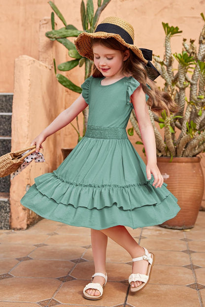 Arshiner Girls Dresses Flutter Sleeves Kids Summer Cotton Formal Dress A-Line Waist Lace-up Casual Dress Swing Dress Elegant Sleeveless Dress for Girls 5-13 Years 