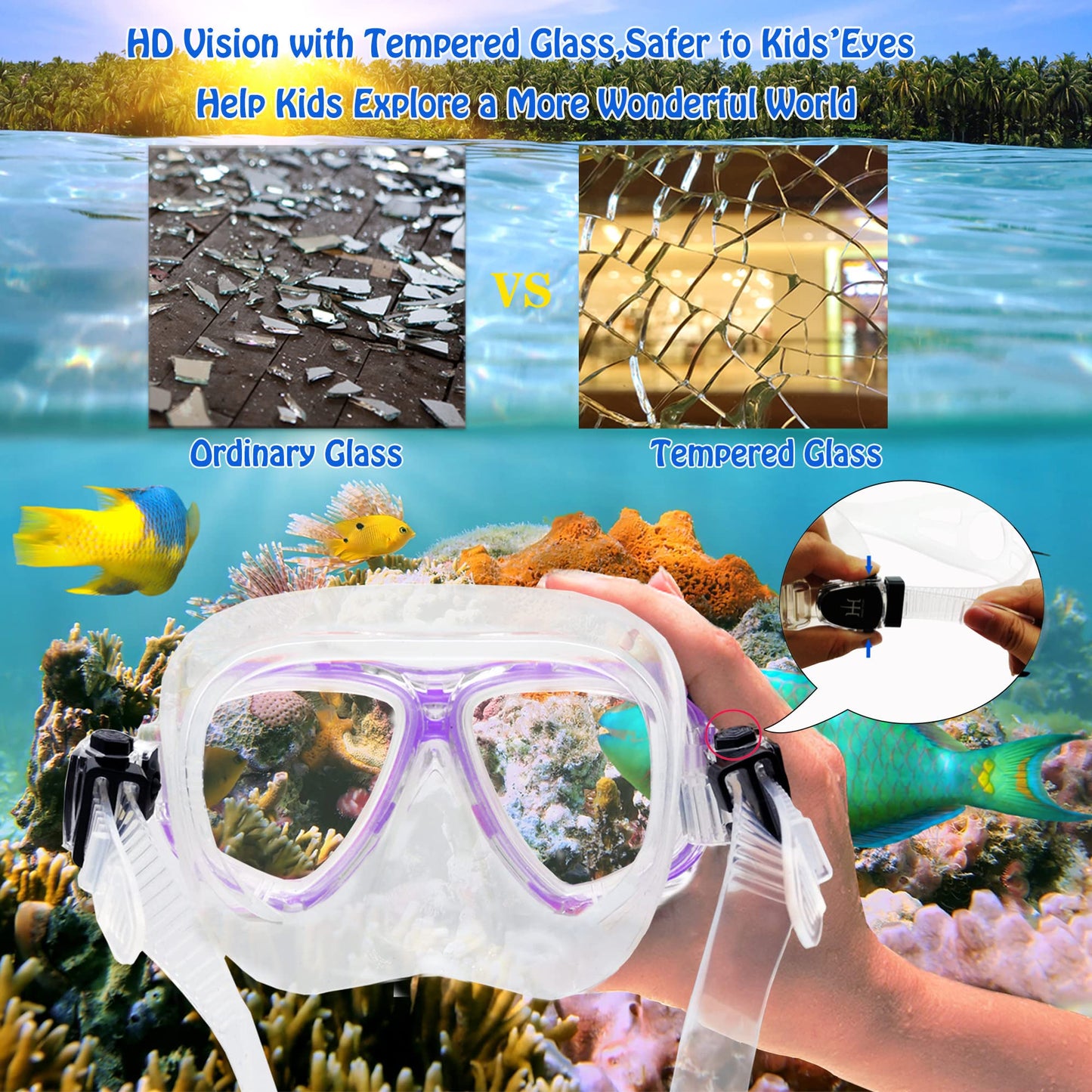 HH HHAO SPORT Children's snorkel set with fins, 180° panorama wide view diving goggles children, adjustable flippers, high-quality diving mask and dry top snorkel