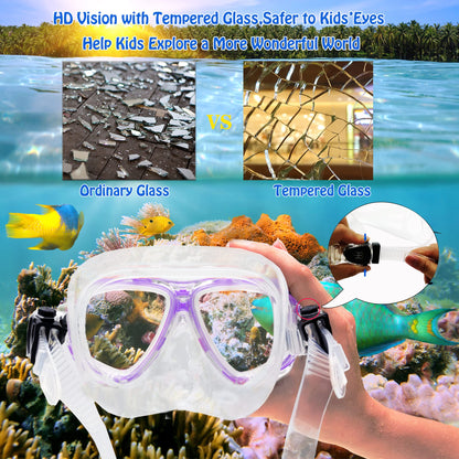 HH HHAO SPORT Children's snorkel set with fins, 180° panorama wide view diving goggles children, adjustable flippers, high-quality diving mask and dry top snorkel
