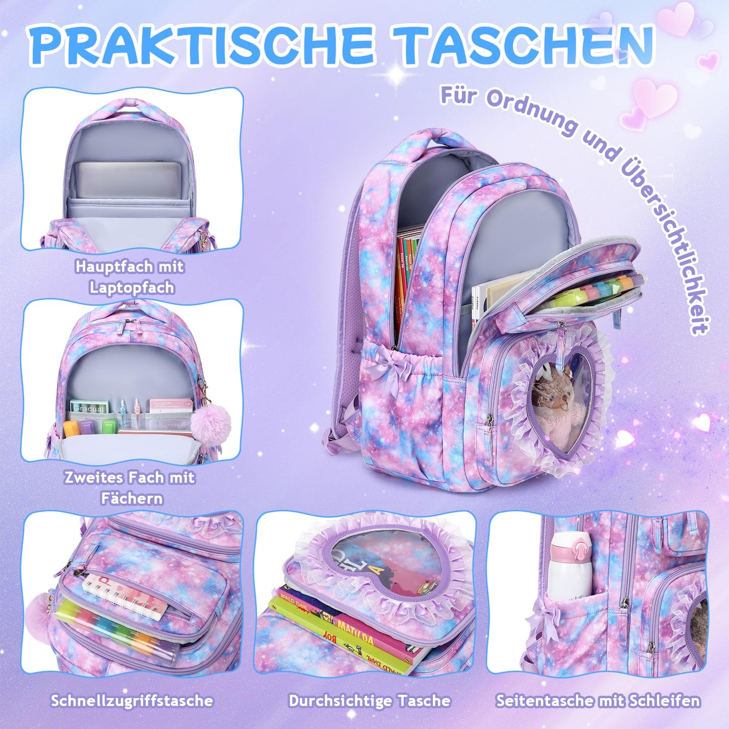 Schulrucksack Mädchen Herzdesign 22L mit Gepäckgurt für Schule | Spitze & Schleifendetails, Ergonomische 3D-Rückenpolsterung, wasserabweisendes Polyester, zahlreiche getrennte Fächer