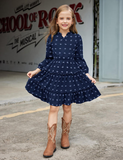 Arshiner Dress Girls Festive Flounce V-Neck Long Sleeve Dress Swiss Dot Chiffon Dress Children Tiered Dress A-Line Party Dress Wedding Princess Dress Swing Skater Dress 5-12 Years 