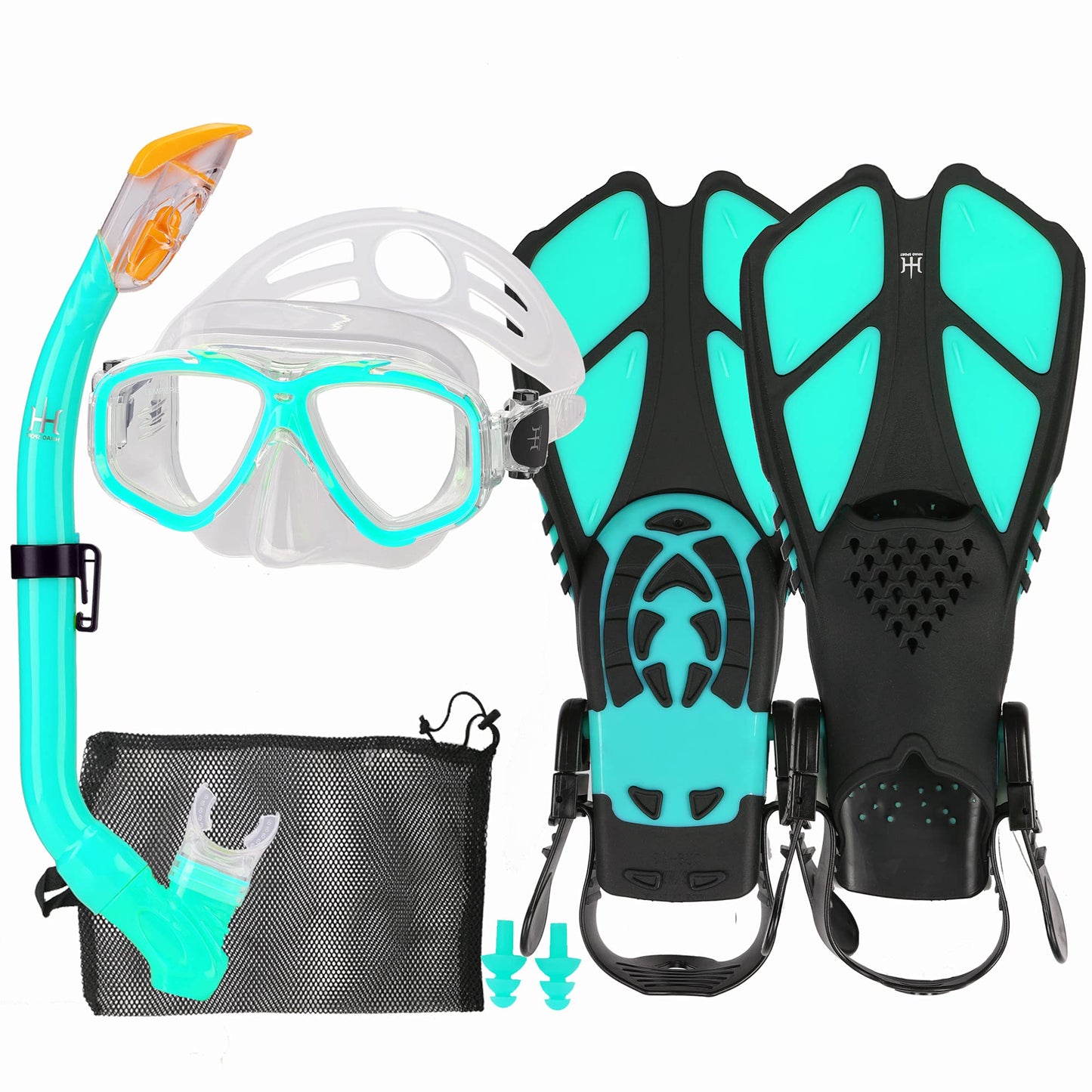 HH HHAO SPORT Children's snorkel set with fins, 180° panorama wide view diving goggles children, adjustable flippers, high-quality diving mask and dry top snorkel