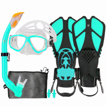 HH HHAO SPORT Children's snorkel set with fins, 180° panorama wide view diving goggles children, adjustable flippers, high-quality diving mask and dry top snorkel