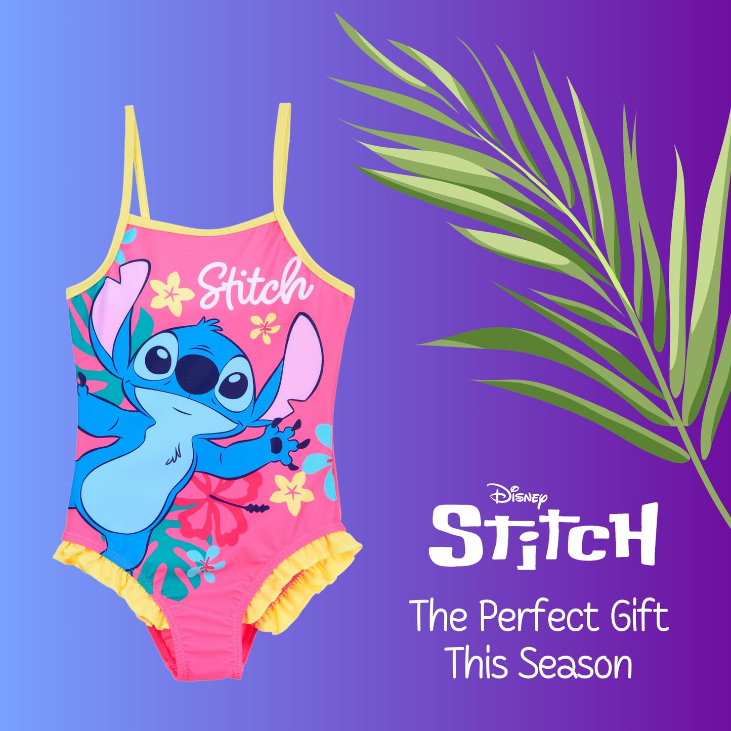 Disney Stitch Girls Flower Design Summer One Piece Swimsuit Kids Swimming Costume Sizes 3 to 8 Years