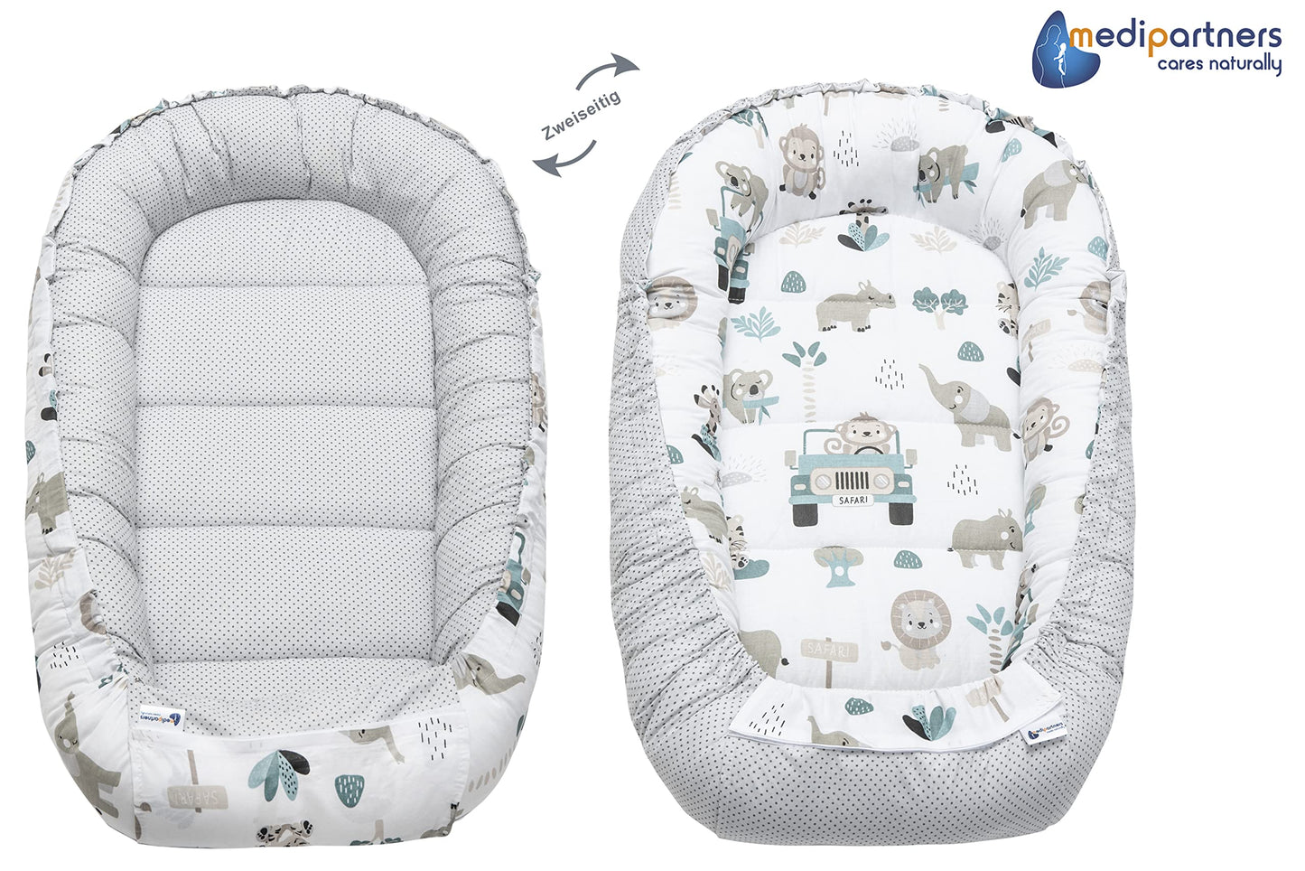 Medi Partners Babynestchen Babynest Set 100x60x15 Kuschelnest 5 teilig herausnehmbarer Einsatz Kokon Nestchen Babys Neugeborene 100% Baumwolle (REH mit Grauem Minky)