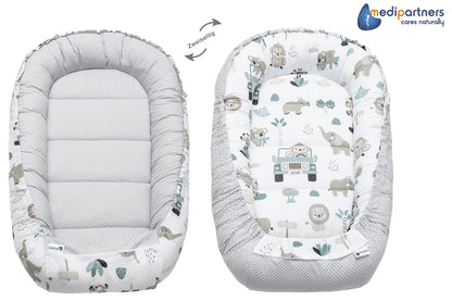 Medi Partners Babynestchen Babynest Set 100x60x15 Kuschelnest 5 teilig herausnehmbarer Einsatz Kokon Nestchen Babys Neugeborene 100% Baumwolle (REH mit Grauem Minky)