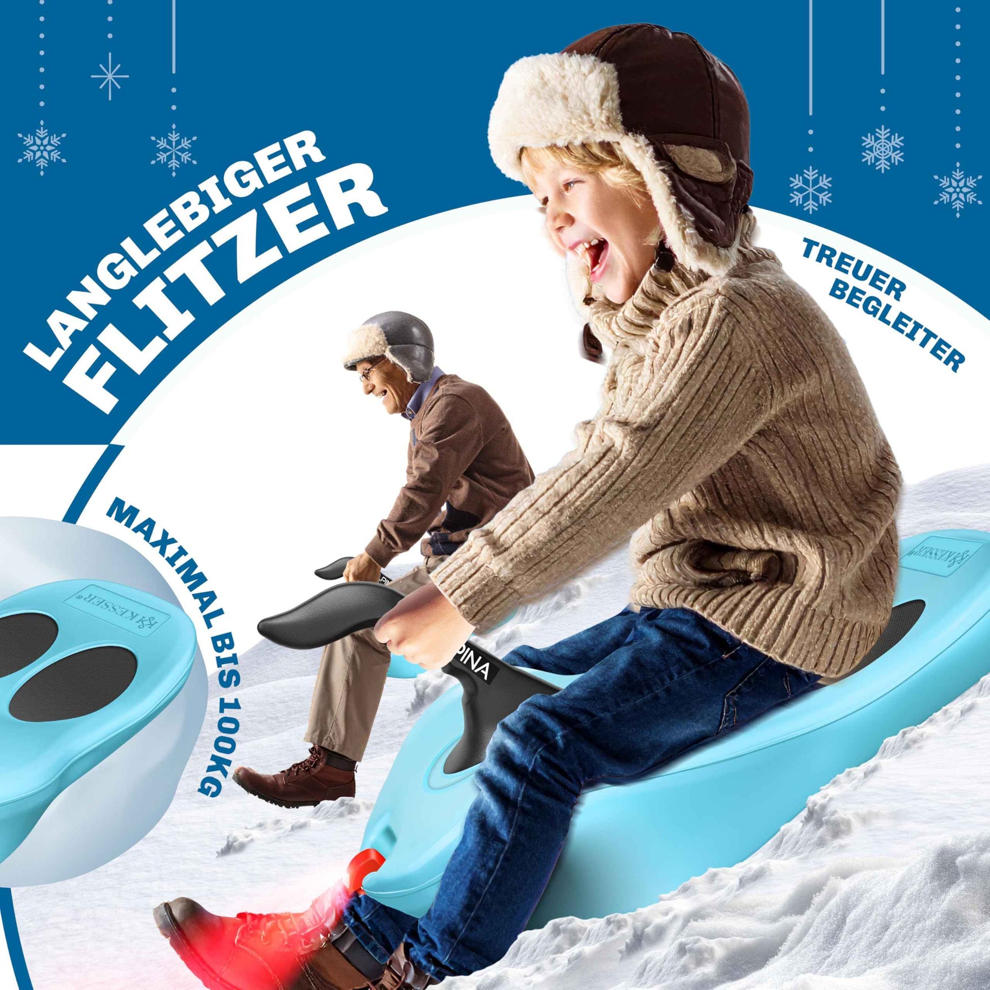 KESSER® Bob Snow Bob Alpina with LED Light Including Pull Rope Sledge Children's Sledge Pointed Bob Plastic Sledge Stable for Children and Adults Snow Sports Winter Sports Sledge