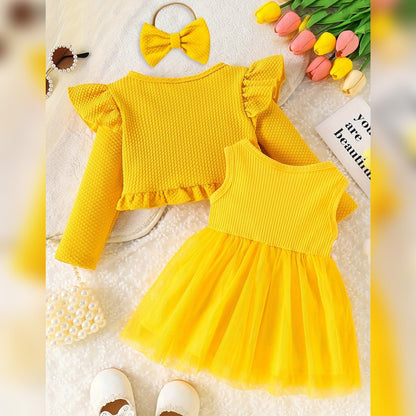 Baby Mädchen Kleid Strickjacke Sets 3 Stück Neugeborene Kleidung Jäckchen + Kleid + Stirnband Frühling Sommer Herbst Winter Langarm Jacke Ärmelloses Kleid für Hochzeit Weihnachten