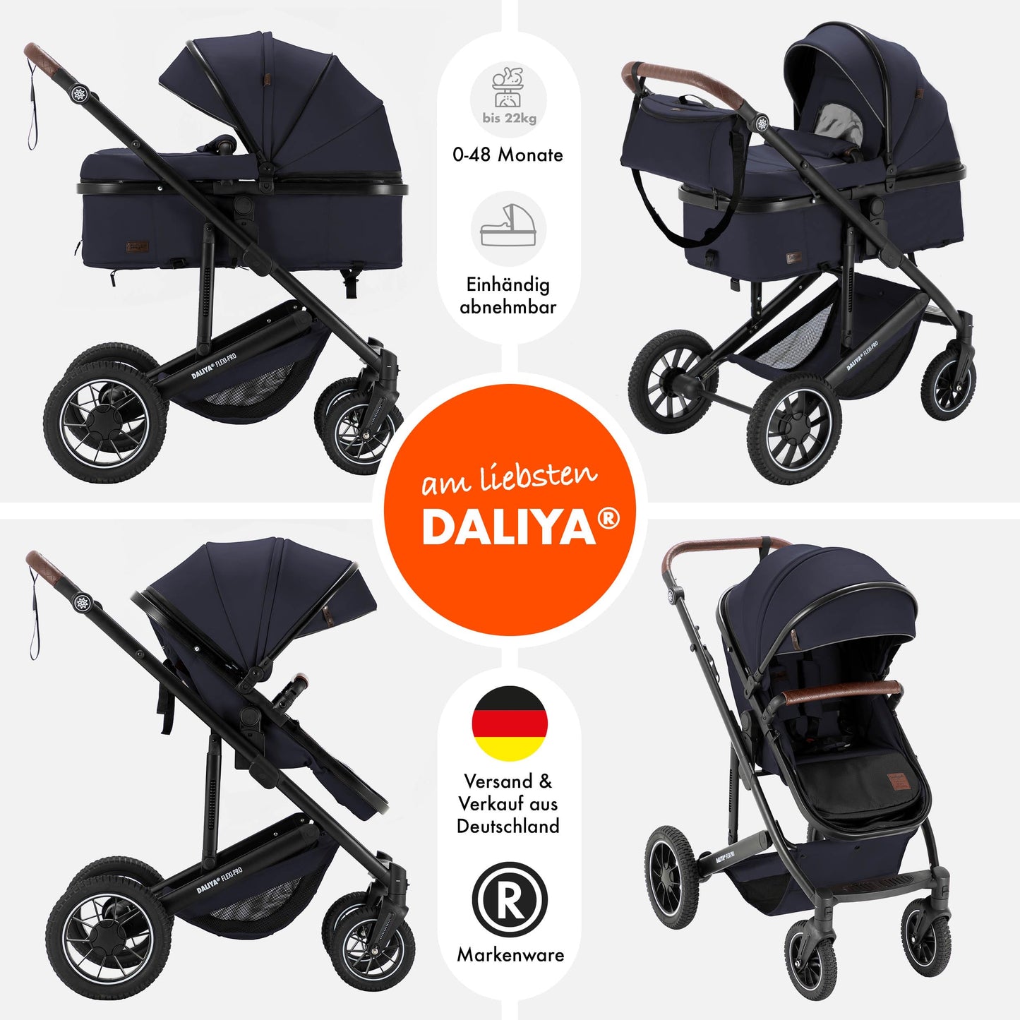 Daliya® FLEXI-PRO M 2in1 Kombikinderwagen & Buggy – XXL-Set, Reise-Kinderwagen mit Einhand-Abnahme, Wetterschutz, Sportsitz, Wickeltasche, Spieltisch, Regenschutz, dicke Matratze (Olivgrün)