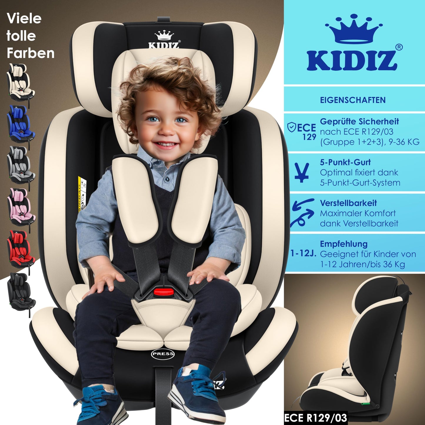 KIDIZ® Autokindersitz Kinderautositz Gruppe 1+2+3 9-36 kg 5-Punkt-Sicherheitsgurt, Autositz, Kindersitz, Einstellbare Kopfstütze, Mitwachsende Sitzerhöhung 1-12 Jahre, Stabil und Sicher
