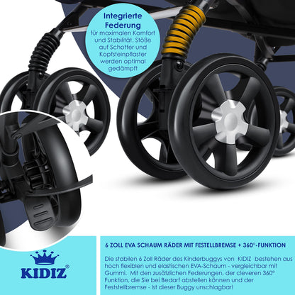 KIDIZ® City-Pro Pushchair Folding Pushchair Pushchair Sports Pushchair Foldable 360° 6 Inch Wheels Includes Mosquito Net, Footmuff and Rain Cover Foldable Sleep Function Blue 