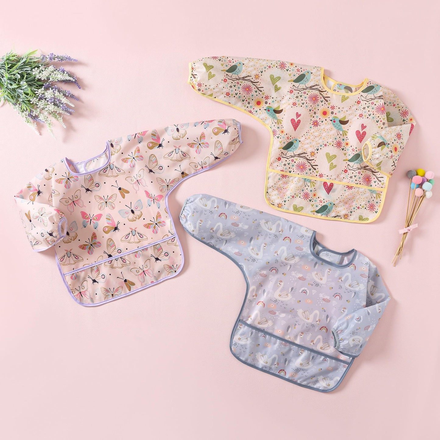 Yunguui Baby Bibs with Sleeves, 5 Pack, Washable Full Body Bibs, Sleeved Bibs, Waterproof for 3-30 Months 