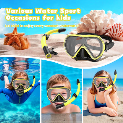 SkrekuiMa Taucherbrille Kinder | Schwimmbrille Kinder Schnorchelmaske Anti-Fog Anti-Leck | Tauchmaske Kinder 180°Panorama HD Tempered Glas für Kinder 4-12 Jahre Jungen Mädchen