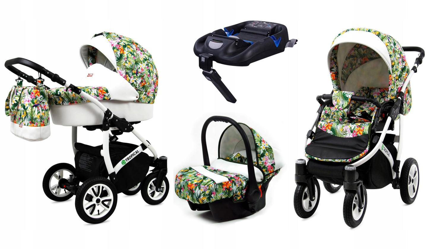 BabyLux® Bambimo Pushchair Set 3 in 1 - Tropical - incl. Baby Carrycot, Buggy Sports Seat, Car Seat - Pram Set - Combination Pram with Changing Bag, Rain Cover etc.