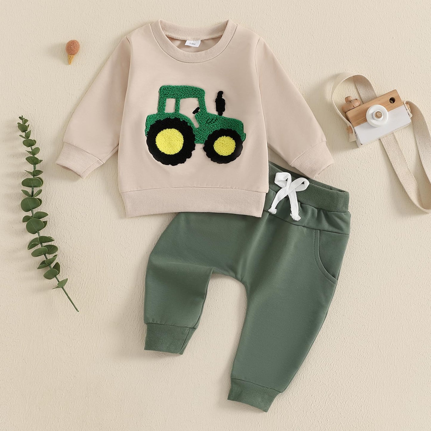 Baby-Frühlings-Outfit für Jungen, Trainingsanzüge mit Traktor-/Auto-Print, Sweatshirts mit langen Ärmeln mit Autodruck + elastische Kordelzughose, 2-teiliges Sportbekleidungsset, weiche Traktor-Outfits