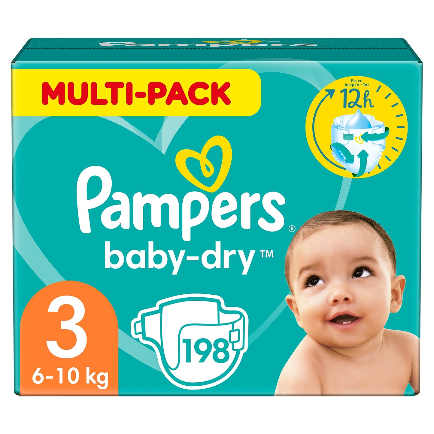 Pampers Baby-Dry Size 3, 222 Nappies, 6 kg - 10 kg, Up to 100% Leak Protection & Comfort All Night