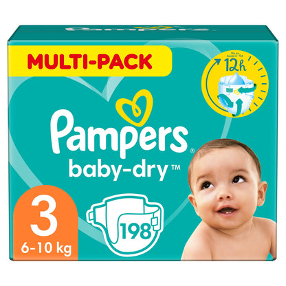 Pampers Baby-Dry Size 3, 222 Nappies, 6 kg - 10 kg, Up to 100% Leak Protection & Comfort All Night