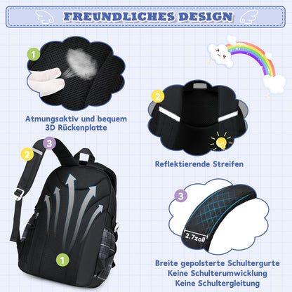 Rucksack mädchen 22L ergonomisch mit reflektierenden Streifen | Wasserdichtes Karogewebe, atmungsaktives 3D-Rückenpolster, zahlreiche getrennte Fächer, passend für 15,6-Zoll-Laptops