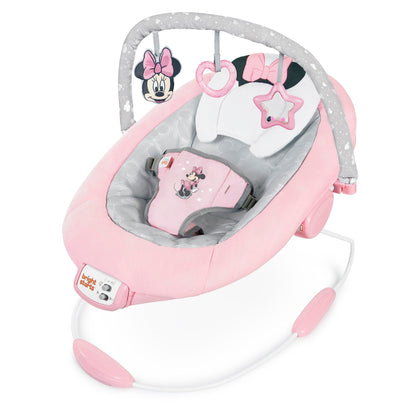 Bright Starts, Minnie Maus Rosy Skies vibrierende Babywippe Babyschaukel mit Musik, Lautstärkeregler, 3 Spielzeugen, Sicherheitsgurt, rutschfesten Füßen und mehr, Minnie Mouse, 1 Stück (1er Pack)