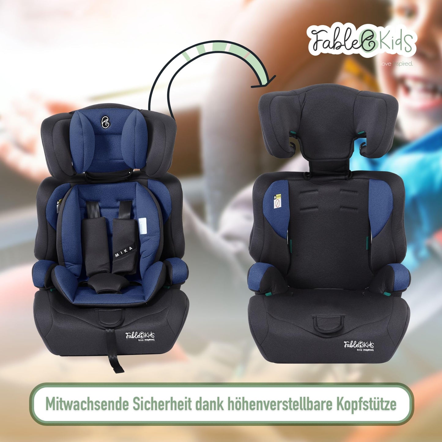 FableKids Kinderautositz 9-36 kg | 3-Punkt-Sicherheitsgurt | Autokindersitz ab 15 M. | Autositz für Kinder 76-150 cm | Kindersitz einstellbare Kopfstütze ECE R129/03 | Verstellbar | Schwarz