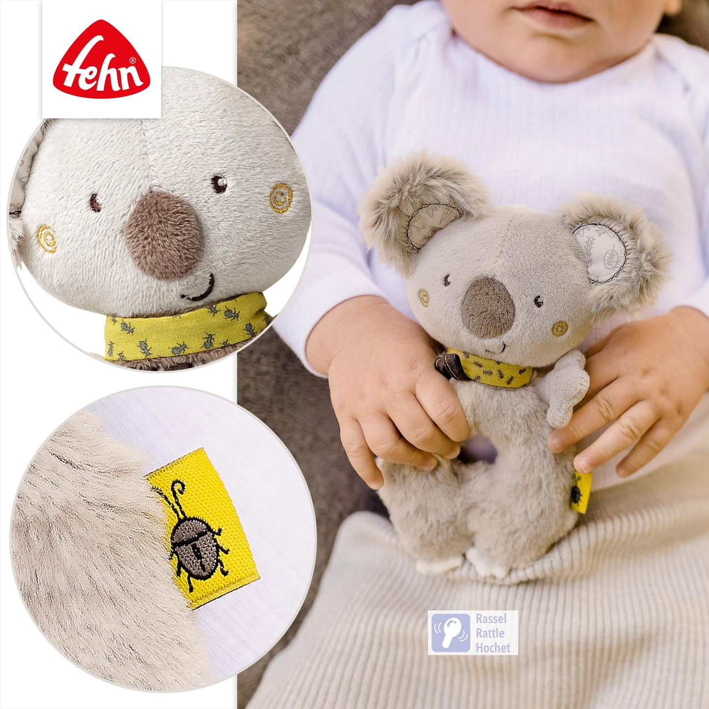 Fehn Baby Ring Greifling Lama - Kuscheltier Babyspielzeug mit Rassel - Motorikspielzeug für das spielerische Lernen - Plüschtier als Einschlafhilfe - Spielzeug für Babys & Kleinkinder ab 0+ Monaten
