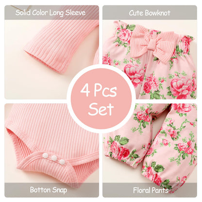 Neugeborenes Baby Mädchen Kleidung Kleinkind Gerippte Rüschen Langarm Strampler + Floral Hosen + Stirnband Nette Herbst Outfit Set
