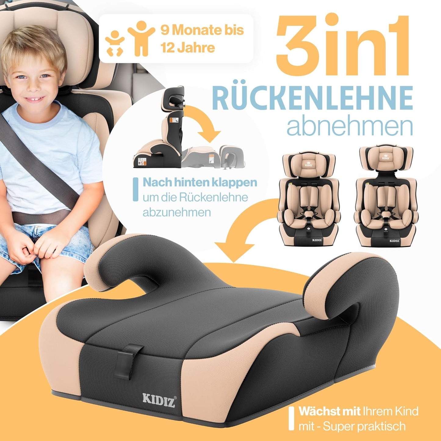 Autokindersitz mit Isofix i-Size R129 100-150cm bis 12 Jahre, Kinderautositz Gruppe 1/2/3, mitwachsender Kindersitz, 5-Punkt-Gurt & höhenverstellbare Kopfstütze, Sitzerhöhung Auto, Schwarz