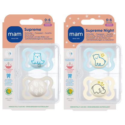 MAM Supreme Day & Night Schnuller | 0-6 Monate | Babyschnuller für Neugeborene | 94% Akzeptanz | beugt Zahnfehlstellungen vor | mit Zahnmedizinern entwickelt| SkinSoft Silikon |Bär/Nilpferd |4 Stück