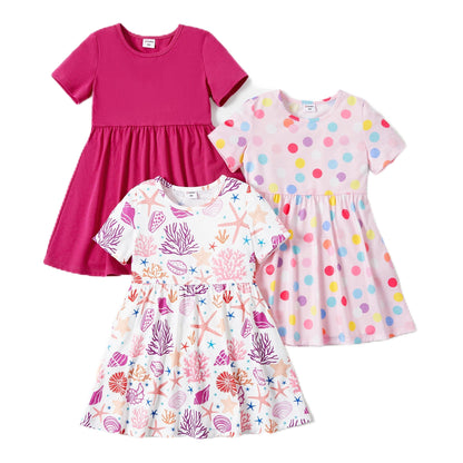 PATPAT Mädchen Kleid Set, Packung mit 3 Sommerkleider mit Kurzen Ärmeln und Rüschen in 3 verschiedenen Prints, Hochzeit Geburtstag Party Bankett Urlaub, Prinzessin Kleider für Mädchen 2-7 Jahre