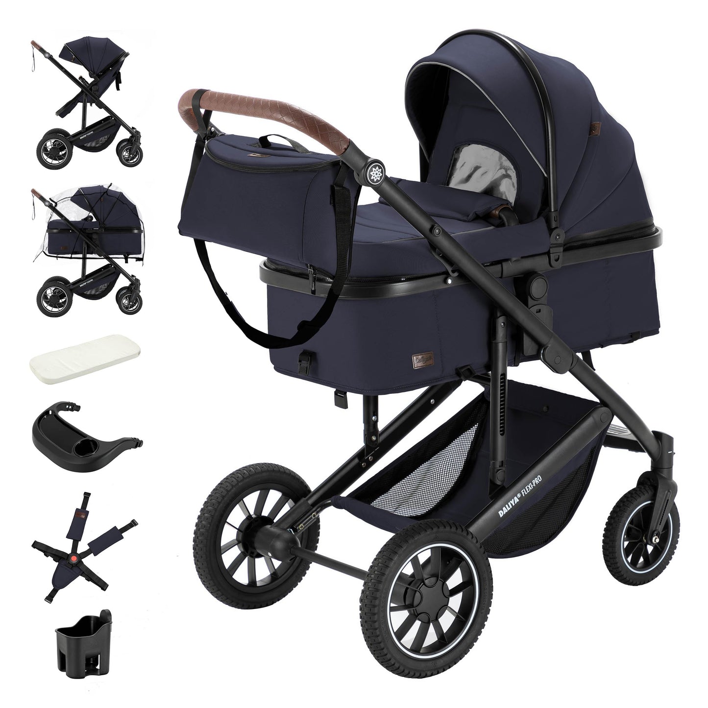 Daliya® FLEXI-PRO M 2in1 Kombikinderwagen & Buggy – XXL-Set, Reise-Kinderwagen mit Einhand-Abnahme, Wetterschutz, Sportsitz, Wickeltasche, Spieltisch, Regenschutz, dicke Matratze (Olivgrün)