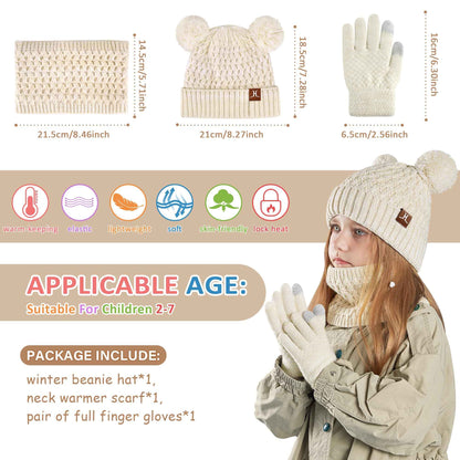 Children's Winter Hat Loop Scarf Touchscreen Gloves Set 2 3 4 5 6 7 Years Toddler Winter Hat Beanie Tube Scarf Knitted Pom Hats Gift Girls Boys