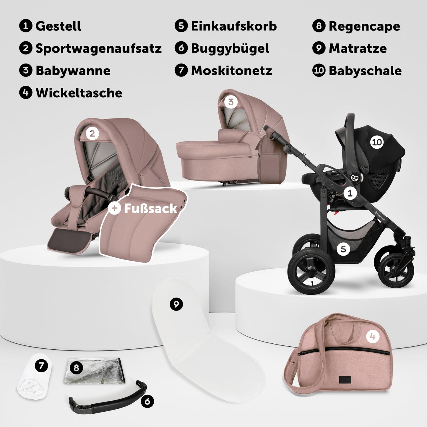 Bergsteiger Capri 3-in-1 Combination Pushchair - Baby Carrier, Sports Seat & i-Size Baby Seat, Pneumatic Tyres, Suspension, Height-Adjustable Handle, Foldable, Accessories